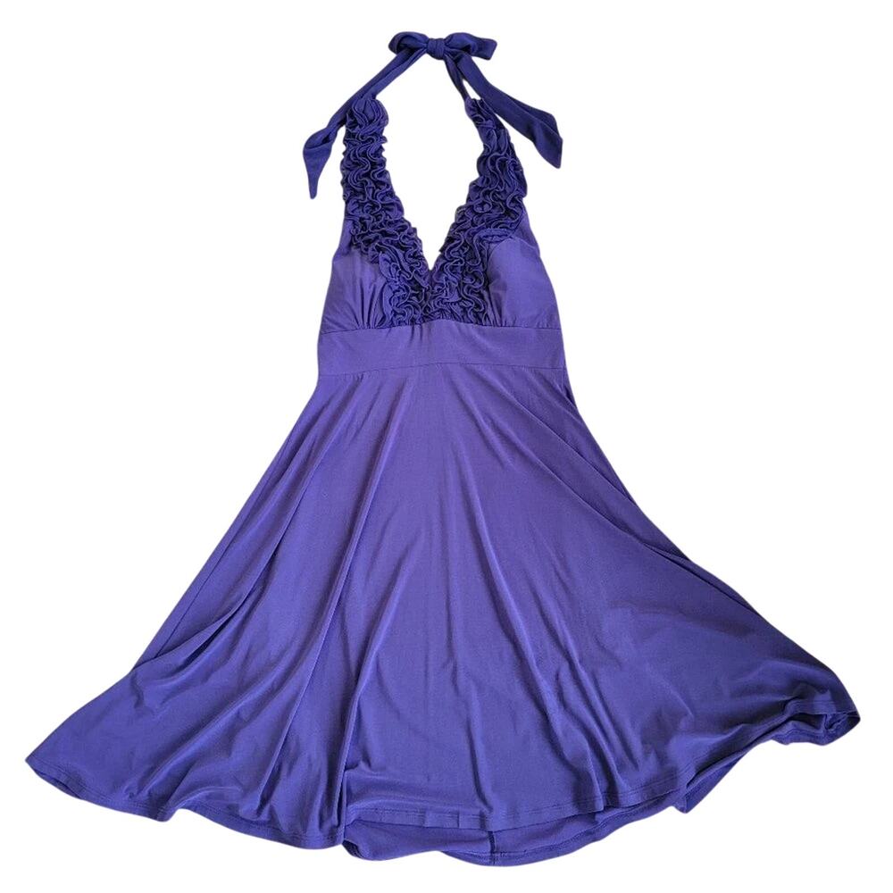Blu Sage Halter Top Dress Womens Size 8 Purple Ruffle V Neck Stretch